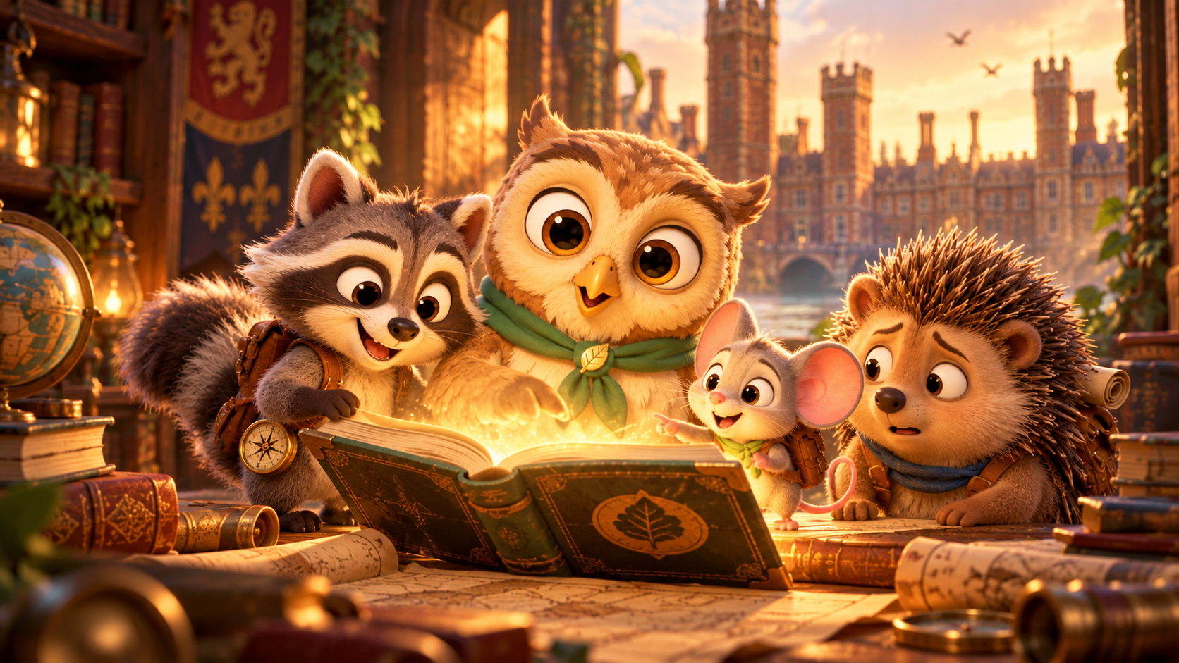 Quill, Ziggy, Pip and Bramble gathered around their explorer notebook